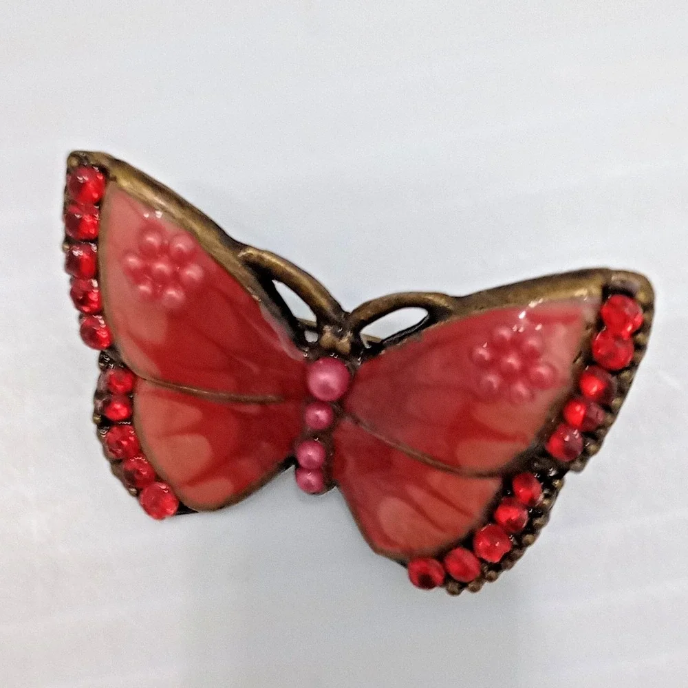 Vintage Butterfly Brooch Red Pink Rhinestone Resin Gold Tone‎ 1.75